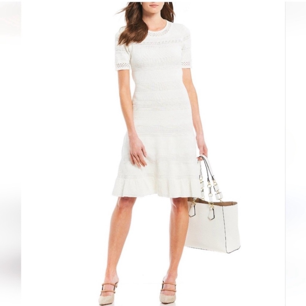Eliza J Pointelle Ruffle Hem Elegant White Sweater knit  Dress